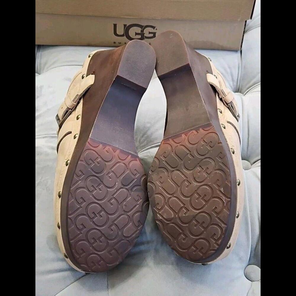UGG Natalee Beige Leather Buckle Slip On Studded Platform Mules Womens Shoes 11 - Picture 4 of 15